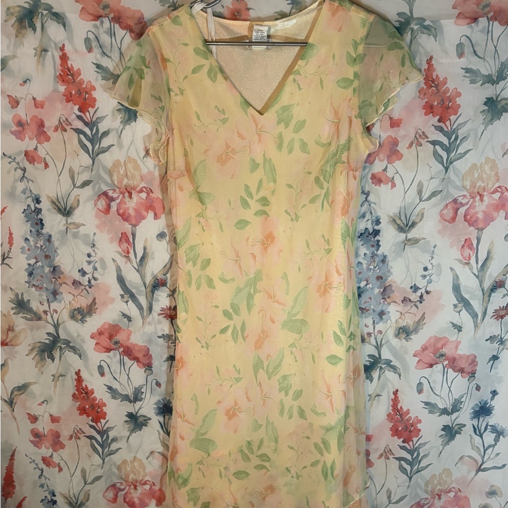 Vintage Floral V-Neck Dress, cottagecore, whimsy, whimsycore, butter yellow